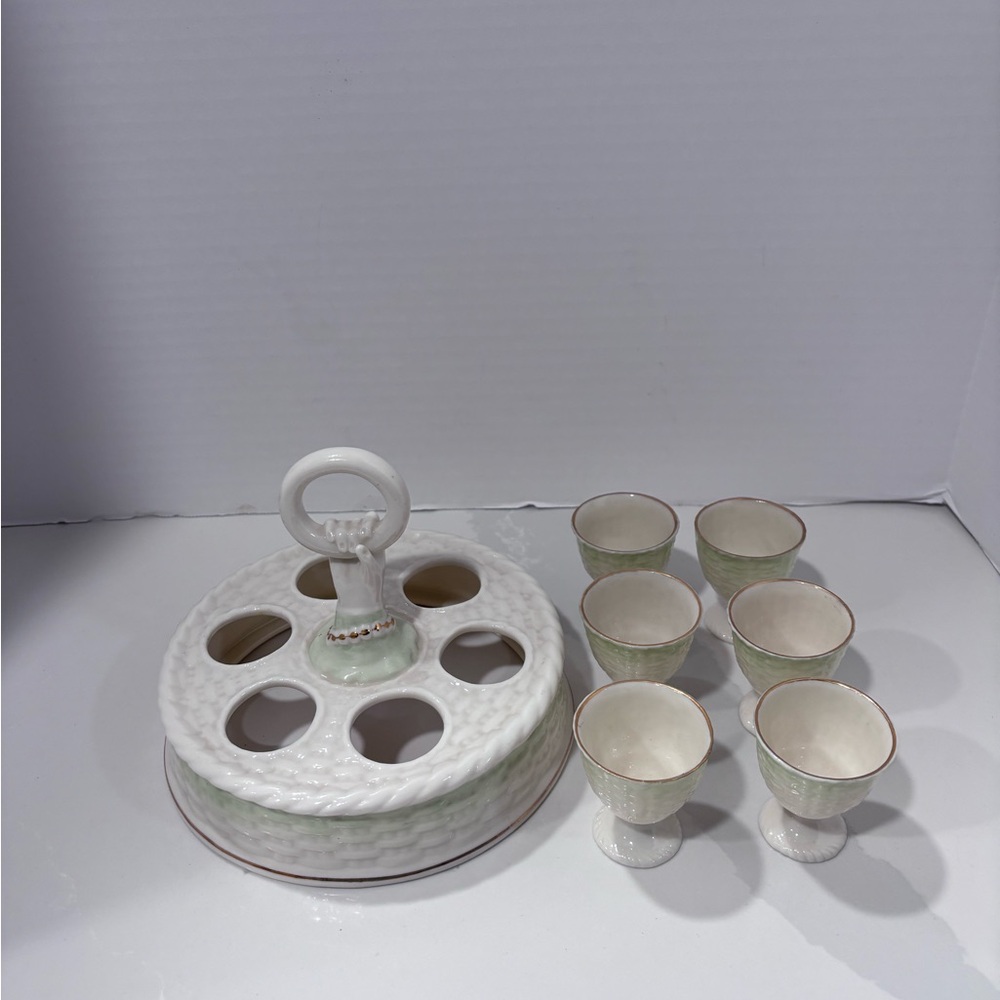 Belleek Porcelain Egg Holder Basket Weave with 5 Removable Cups - Picture 4 of 5